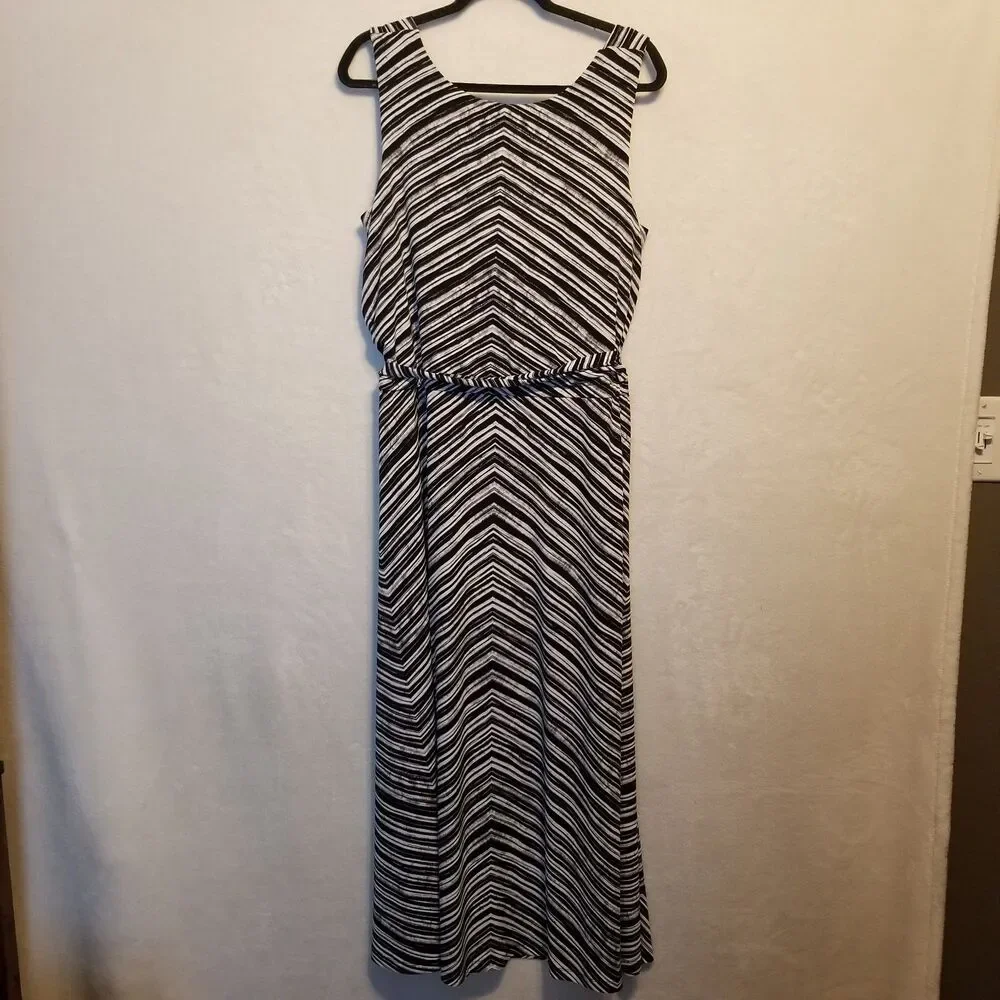 Calvin Klein 0X (XL) Dress Maxi Cowel Neck Blouson Tie Belt Chevron Office
